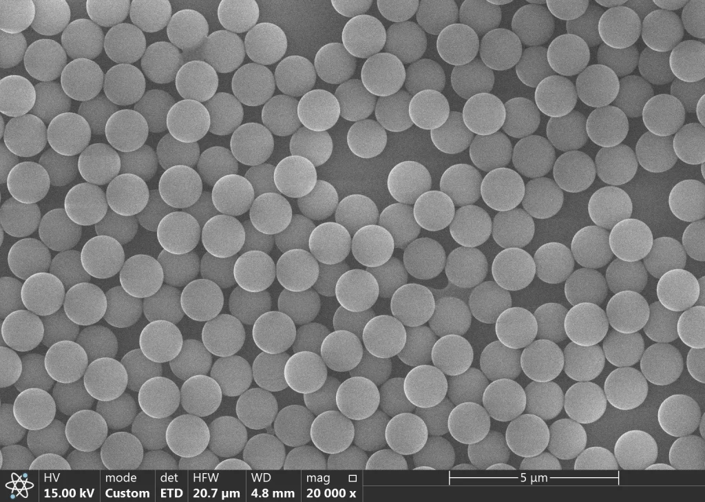 SEM image of 1.3 um polystyrene microspheres